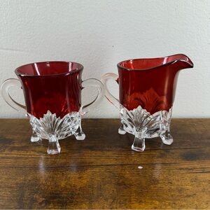 Antique RUBY Red FLASH GLASS Souvenir  Cream Sugar Glasses -Early 1900's